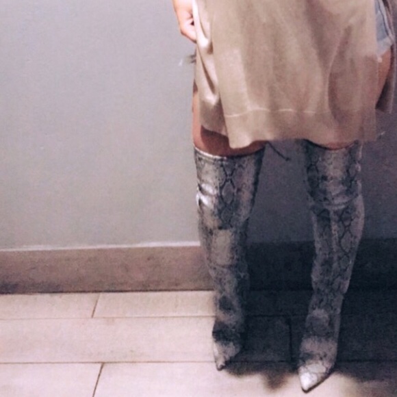 grey snake print over the knee boots